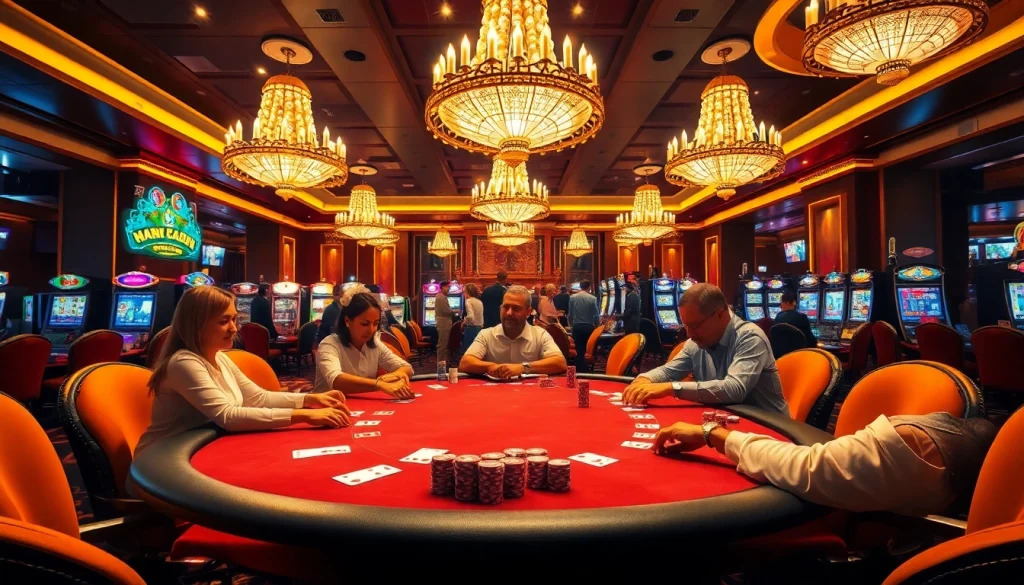 Plongez dans un casino en ligne fiable avec des joueurs passionnés autour d'une table de poker élégante.
