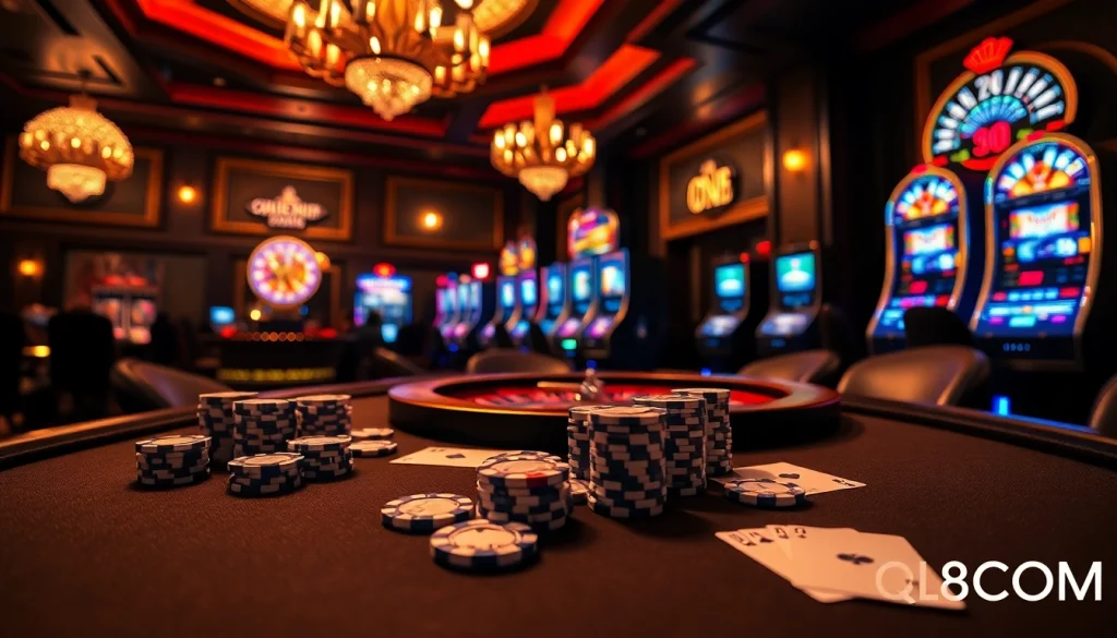 Experience thrilling games at QQ88COM with poker chips and cards on a lavish casino table.